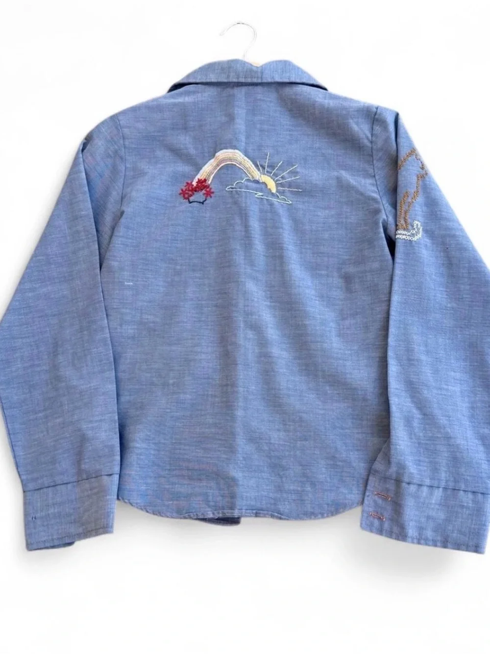 Vintage 70s Blue Chambray Floral Embroidered Western Shirt